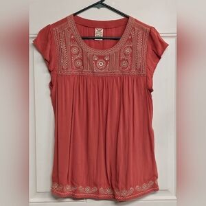 Women's Size Medium (8-10) Faded Glory Coral Embroidered Sleeveless Blouse.